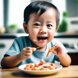 A small child joyfully eating shrimp