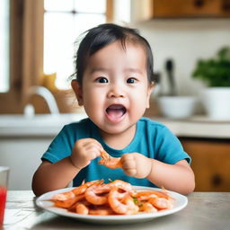 A small child joyfully eating shrimp