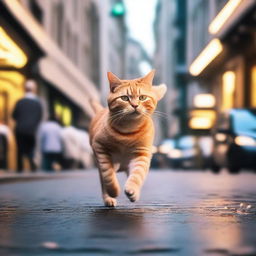 A cat running while eating a piece of chicken in the middle of a bustling city street