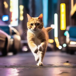 A cat running while eating a piece of chicken in the middle of a bustling city street