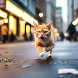 A cat running while eating a piece of chicken in the middle of a bustling city street