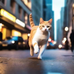 A cat running while eating a piece of chicken in the middle of a bustling city street