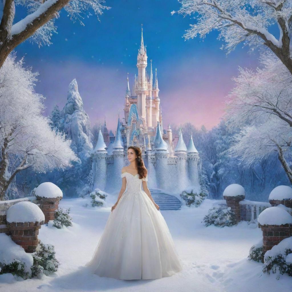 A semi-realistic backdrop reminiscent of the iconic Disney movie 'Snow White', complete with elements from the fairy tale portrayed in bright, captivating colors.