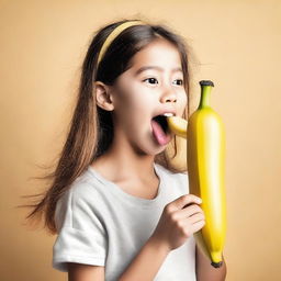 A girl playfully giving a peck on a banana