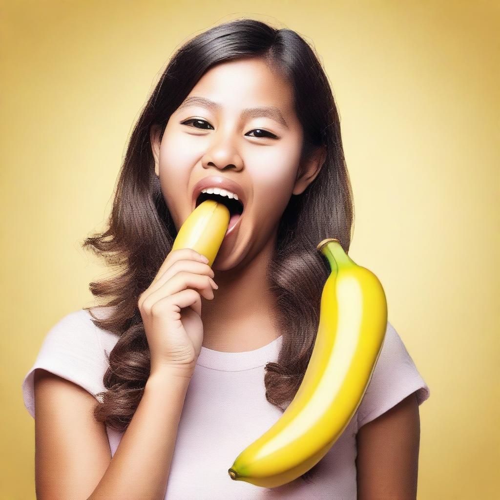 A girl playfully giving a peck on a banana