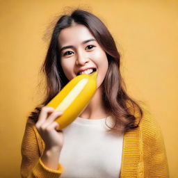 A girl playfully giving a peck on a banana