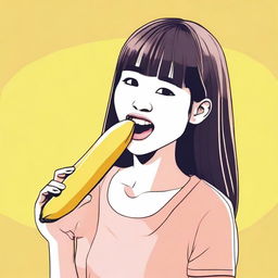 A girl playfully giving a peck on a banana