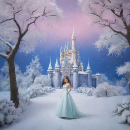 A semi-realistic backdrop reminiscent of the iconic Disney movie 'Snow White', complete with elements from the fairy tale portrayed in bright, captivating colors.