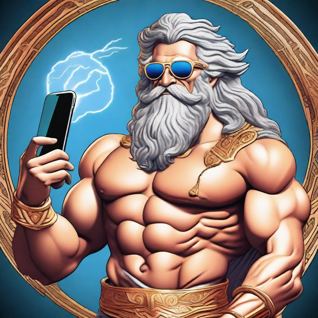 A full color image of Zeus, the god of sky and thunder in Greek mythology, looking cool with sunglasses on