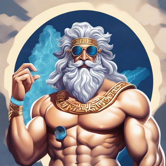 A full color image of Zeus, the god of sky and thunder in Greek mythology, looking cool with sunglasses on