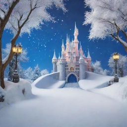 A semi-realistic backdrop reminiscent of the iconic Disney movie 'Snow White', complete with elements from the fairy tale portrayed in bright, captivating colors.