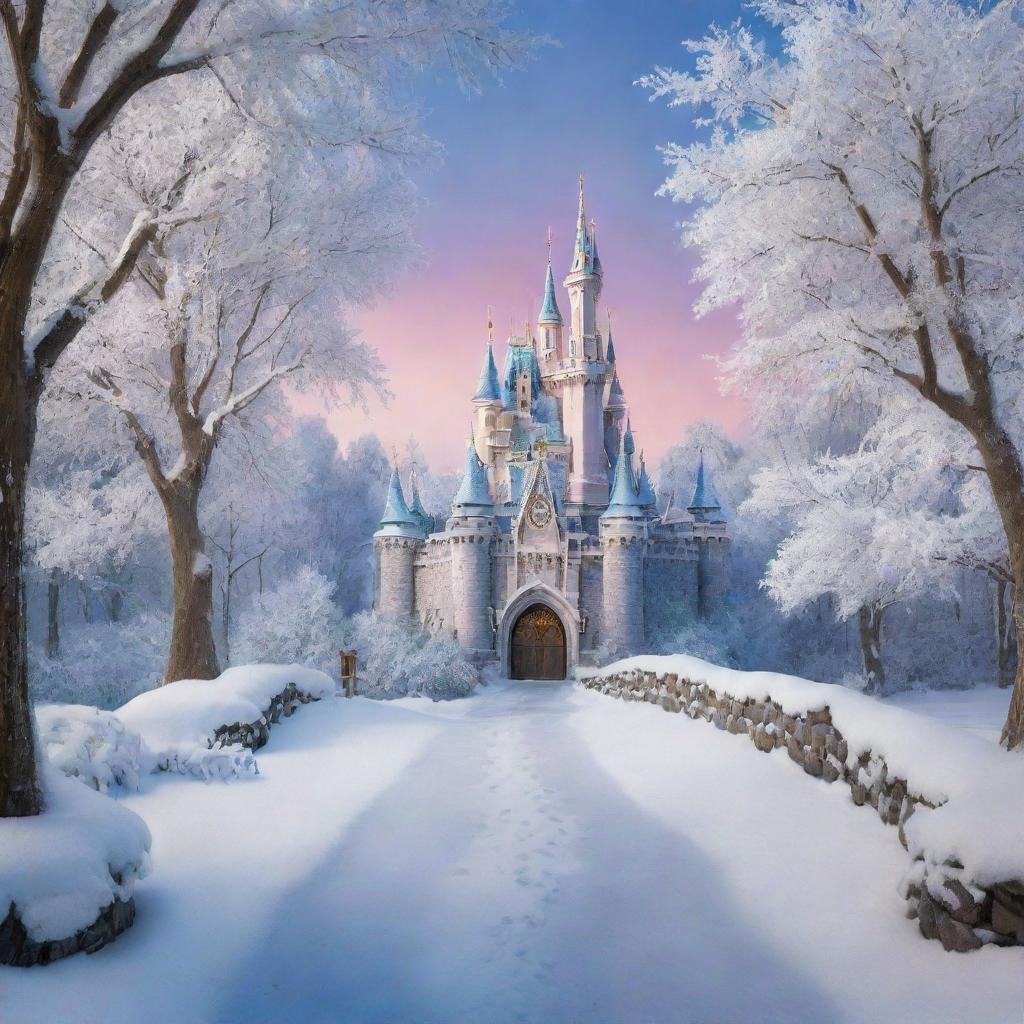 A semi-realistic backdrop reminiscent of the iconic Disney movie 'Snow White', complete with elements from the fairy tale portrayed in bright, captivating colors.