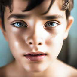 A boy's face showing a reflection of a sexy girl in his eyes. The image should capture the boy's surprise and fascination.