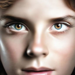 A boy's face showing a reflection of a sexy girl in his eyes. The image should capture the boy's surprise and fascination.