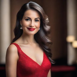 A classy, sophisticated and attractive woman in an elegant red dress, standing confidently with a charming smile