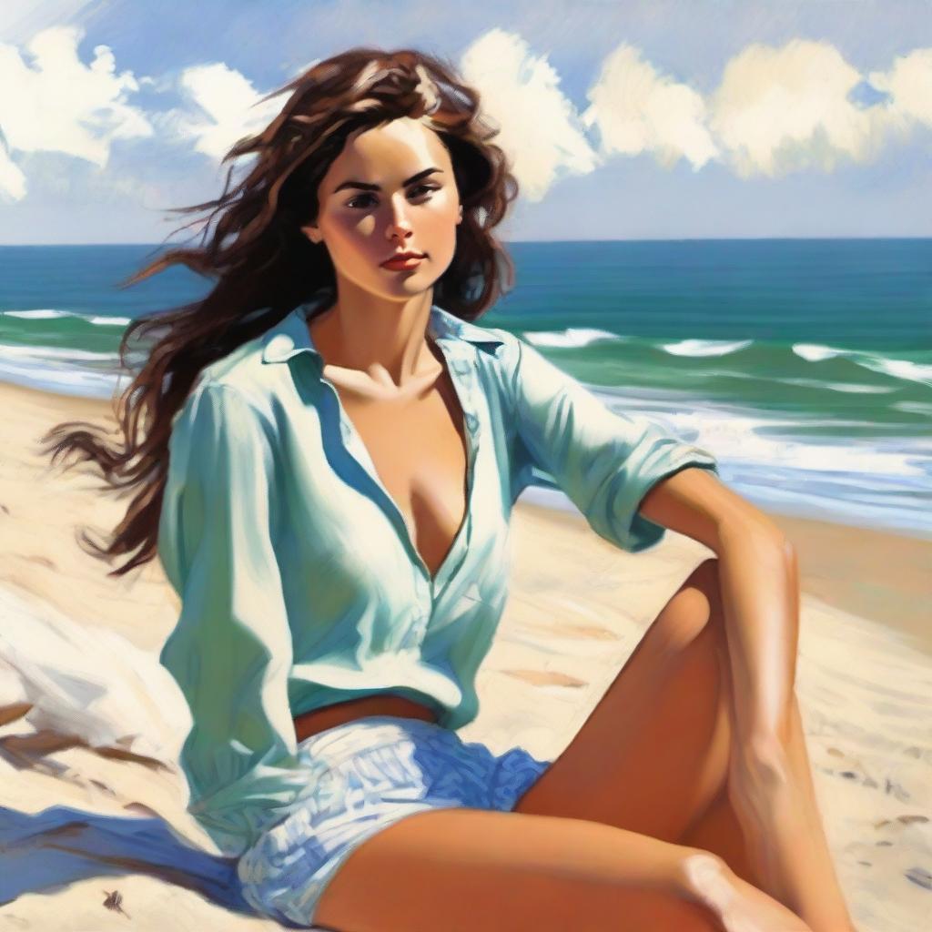 A woman in a tasteful beach outfit, her figure accentuated, is deep in thought about her ideal man