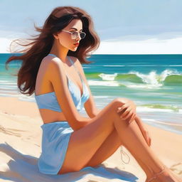 A woman in a tasteful beach outfit, her figure accentuated, is deep in thought about her ideal man