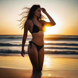 A woman in a stylish bikini, showcasing her confident and curvaceous figure