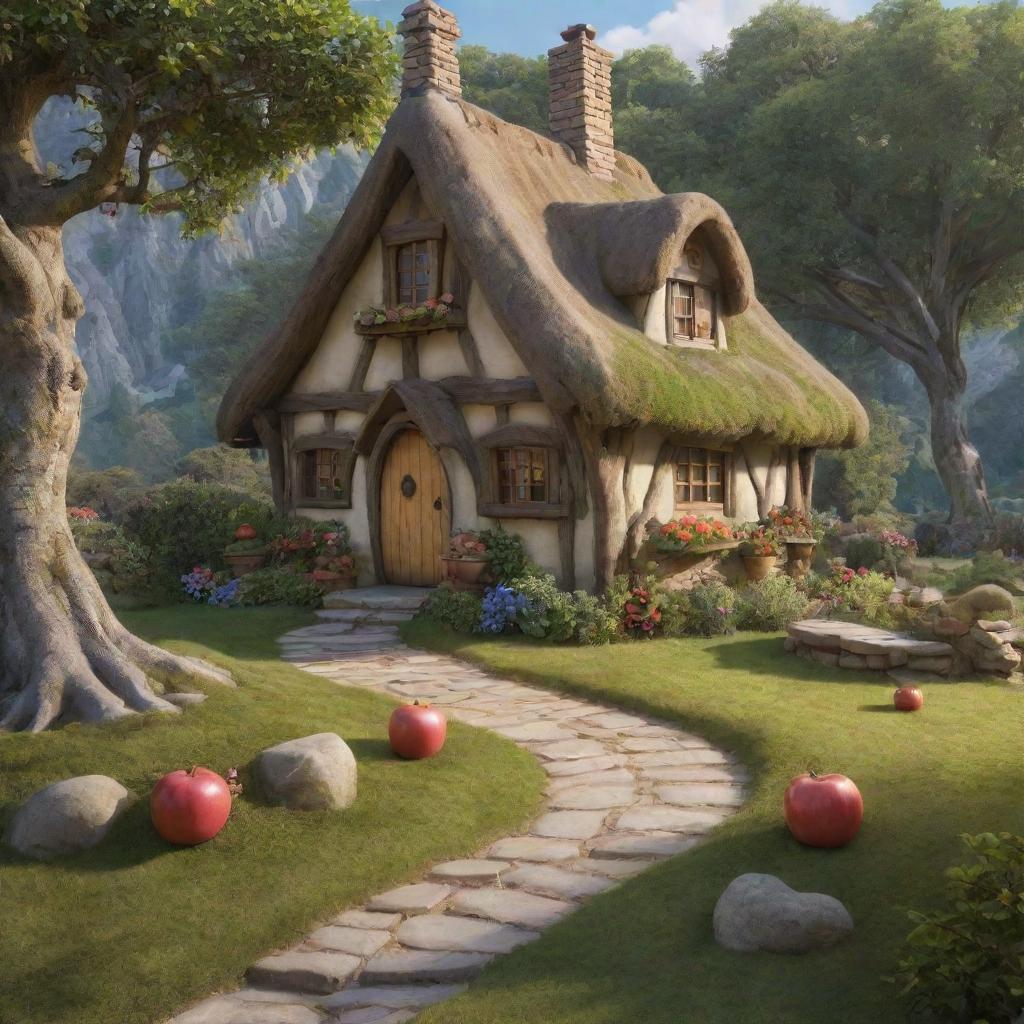 A realistic, enchanting backdrop of Snow White's cottage from Disney lore, situated in a serene forest setting with vivid details and fairy-tale elements.