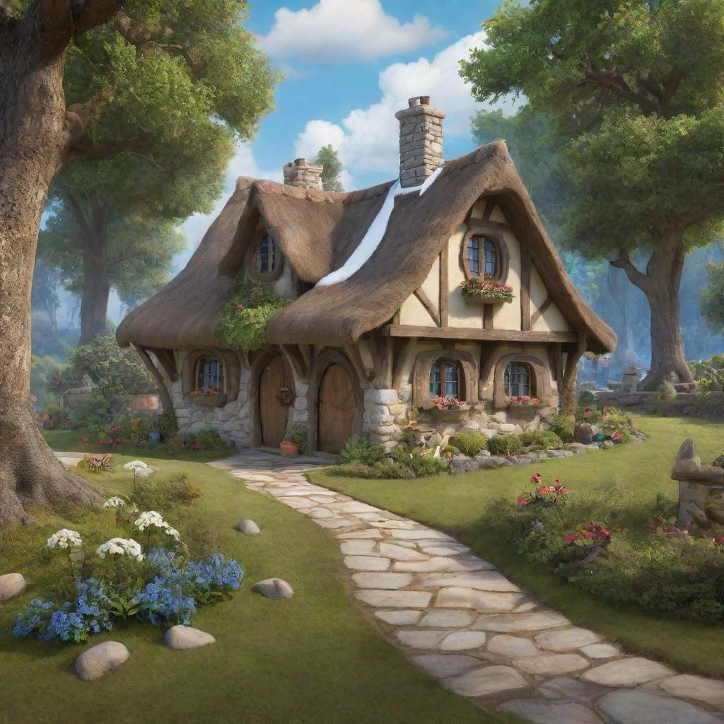 A realistic, enchanting backdrop of Snow White's cottage from Disney lore, situated in a serene forest setting with vivid details and fairy-tale elements.