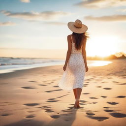 A beautiful woman leisurely walking along a serene beach during sunset