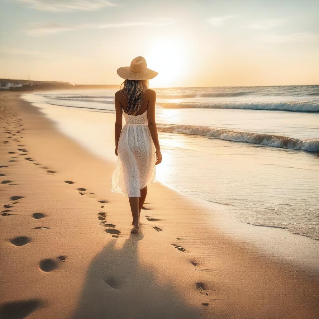 A beautiful woman leisurely walking along a serene beach during sunset