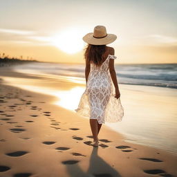 A beautiful woman leisurely walking along a serene beach during sunset