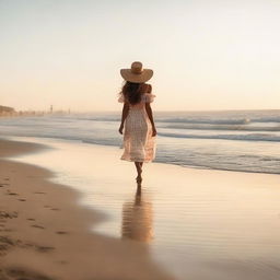 A beautiful woman leisurely walking along a serene beach during sunset