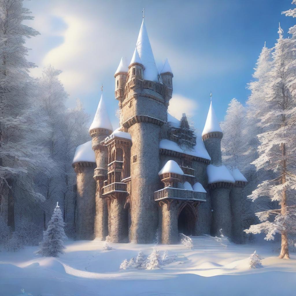 An old fantasy castle nestled in the heart of a snowy forest