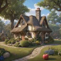 A realistic, enchanting backdrop of Snow White's cottage from Disney lore, situated in a serene forest setting with vivid details and fairy-tale elements.