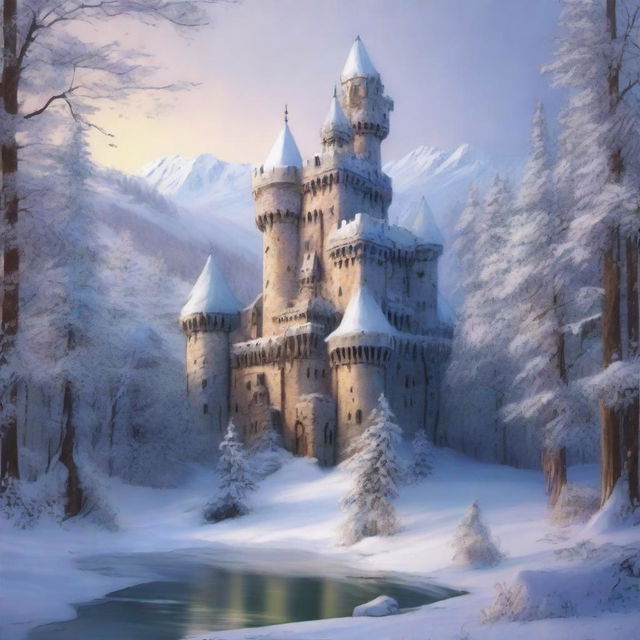 An old fantasy castle nestled in the heart of a snowy forest