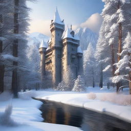 An old fantasy castle nestled in the heart of a snowy forest