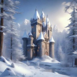 An old fantasy castle nestled in the heart of a snowy forest