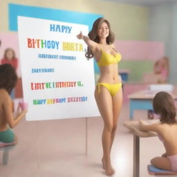 A 3D poster featuring a woman in a bikini standing in a 'Commerce' classroom