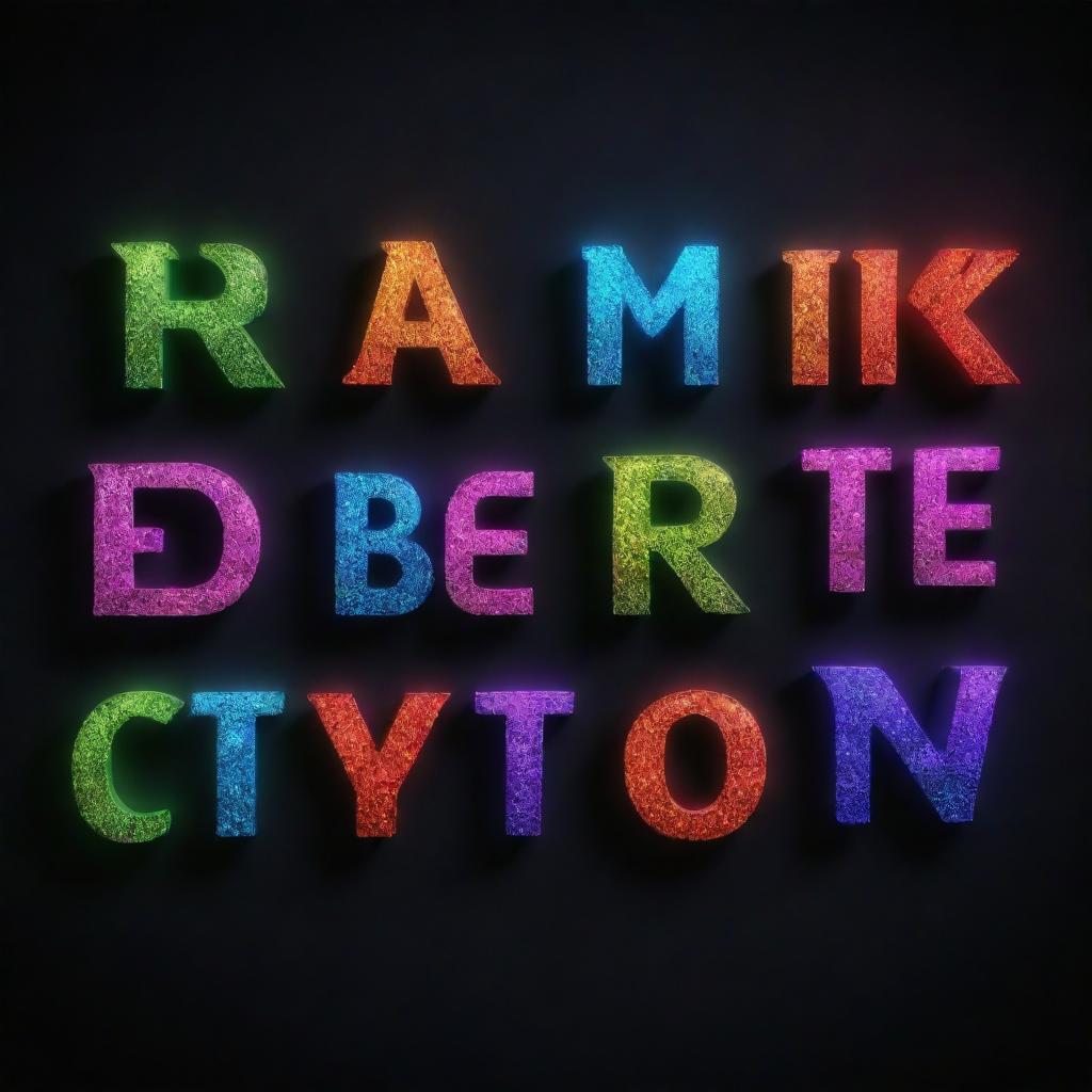 A collection of various artistic 3D text effects, glowing with vivid colors and sparkling against a dark background.