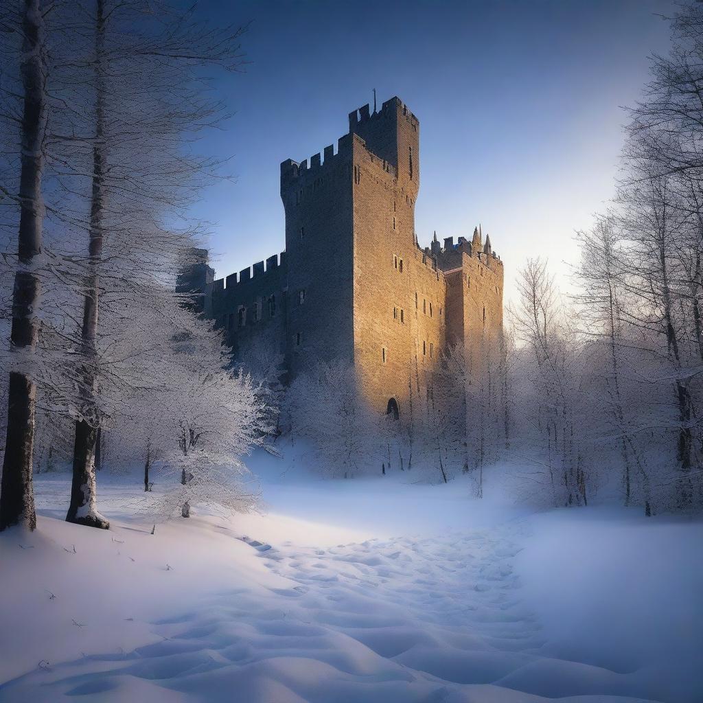 An old medieval castle nestled in a snowy forest, under the serene cover of night