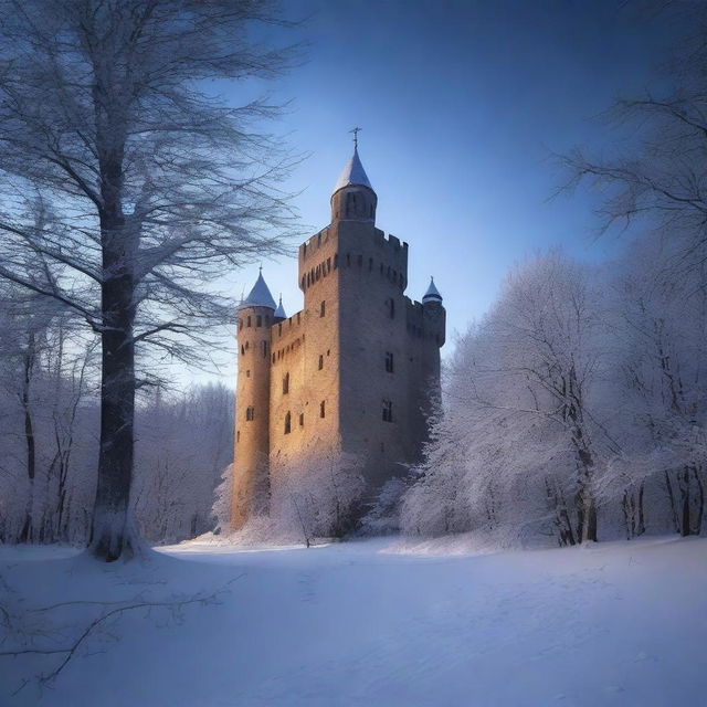 An old medieval castle nestled in a snowy forest, under the serene cover of night