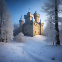 An old medieval castle nestled in a snowy forest, under the serene cover of night