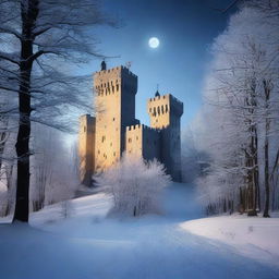 An old medieval castle nestled in a snowy forest, under the serene cover of night