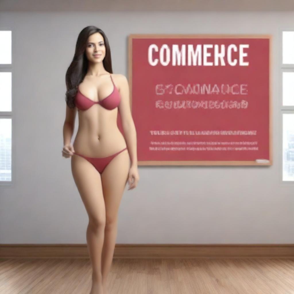 Generate a 3D poster of a woman standing in a bikini dress in a classroom labeled 'COMMERCE'