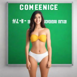 Generate a 3D poster of a woman standing in a bikini dress in a classroom labeled 'COMMERCE'