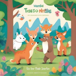 Create a charming and colorful children's book cover featuring a group of friendly animals on an exciting adventure in a magical forest