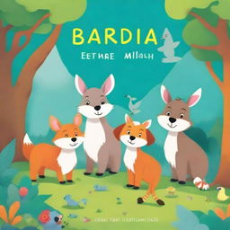 Create a charming and colorful children's book cover featuring a group of friendly animals on an exciting adventure in a magical forest