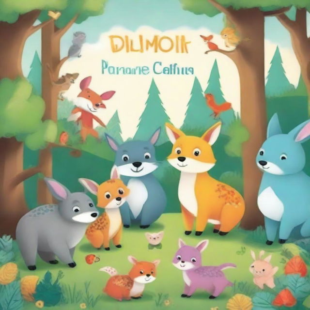 Create a charming and colorful children's book cover featuring a group of friendly animals on an exciting adventure in a magical forest