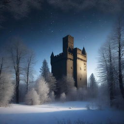 An old medieval castle stands tall in a snowy forest on the darkest of nights