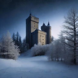 An old medieval castle stands tall in a snowy forest on the darkest of nights