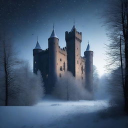 An old medieval castle stands tall in a snowy forest on the darkest of nights