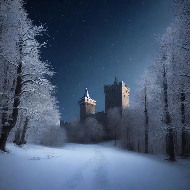 An old medieval castle stands tall in a snowy forest on the darkest of nights