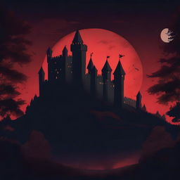 A panoramic view of an old medieval castle nestled within a dense forest on a pitch dark night