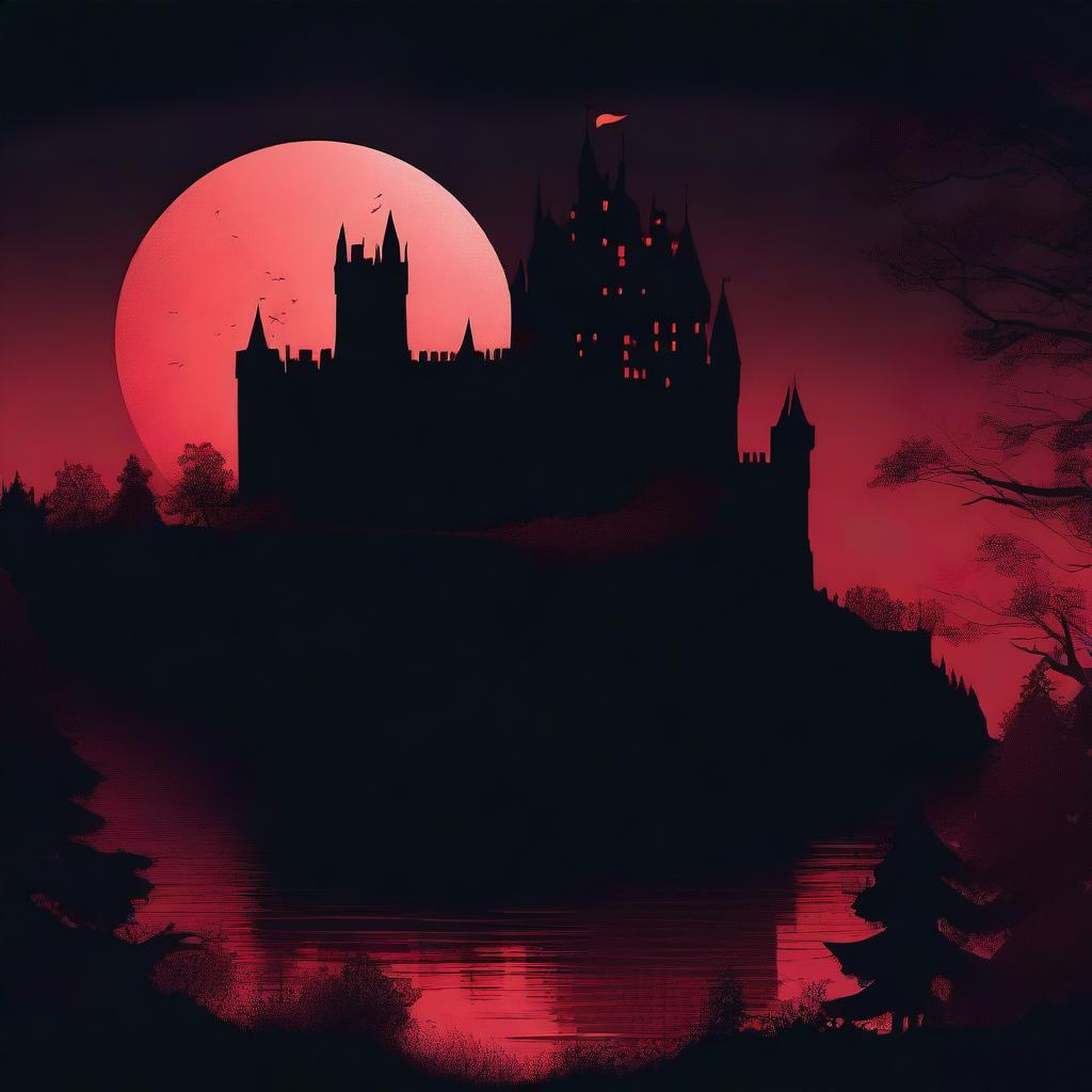 A panoramic view of an old medieval castle nestled within a dense forest on a pitch dark night